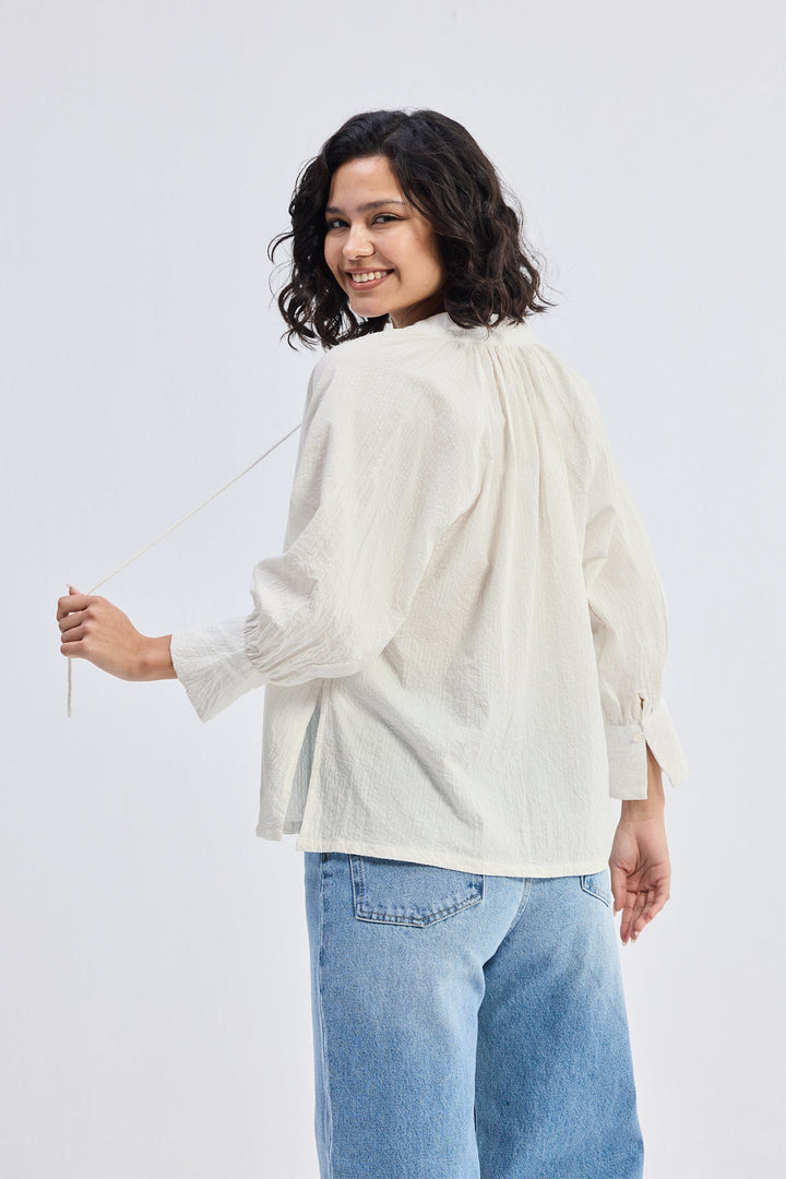 Relaxed Fit Top with Front-Tie | Cream