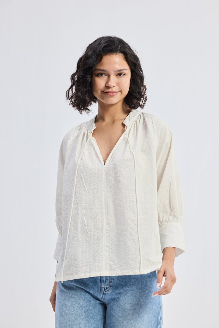 Relaxed Fit Top with Front-Tie | Cream