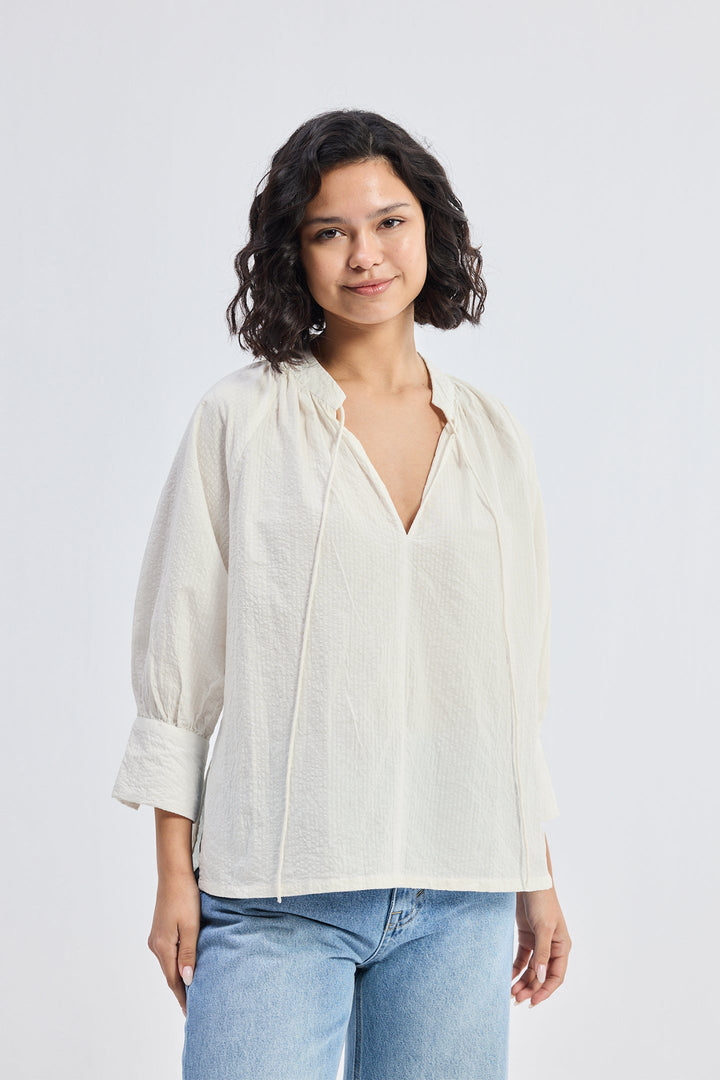 Relaxed Fit Top with Front-Tie | Cream