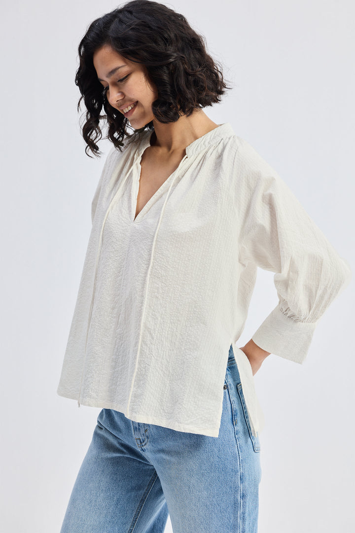 Relaxed Fit Top with Front-Tie | Cream