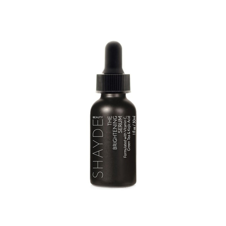 Shayde Beauty Vitamin C and Kojic Acid Brightening Serum with Green Tea extract in a black bottle with dropper, 1 fl oz.