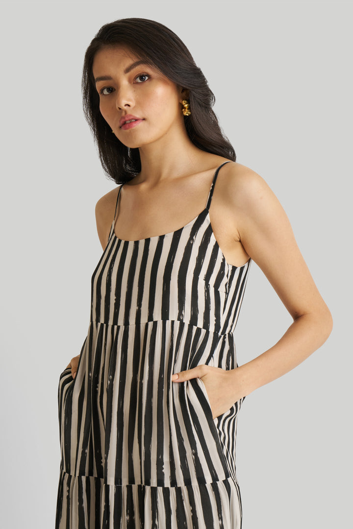 Strappy Tiered Maxi Dress - Black Stripes