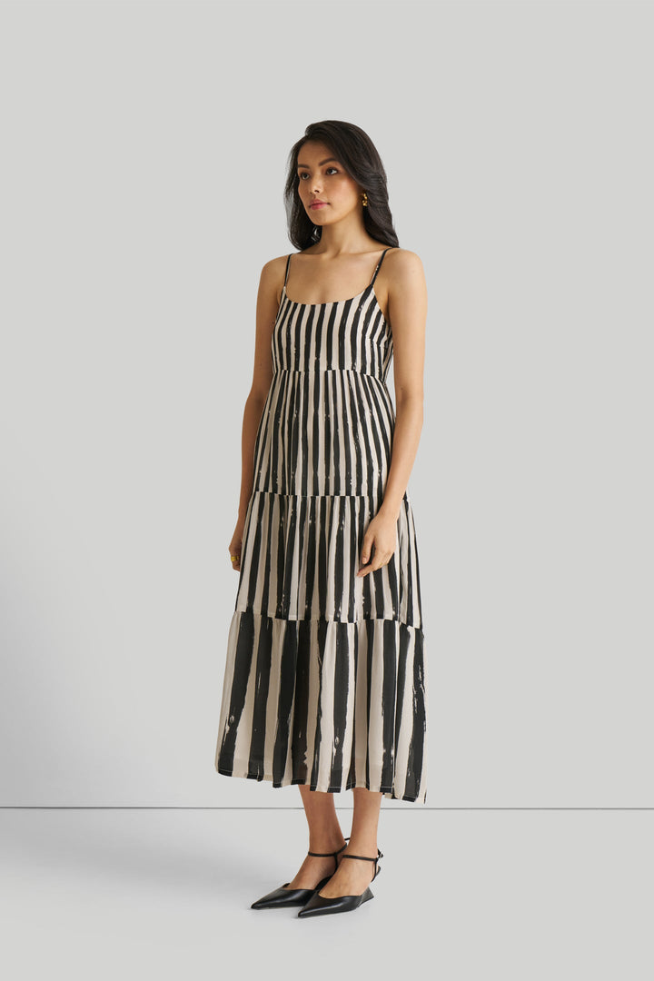Strappy Tiered Maxi Dress - Black Stripes