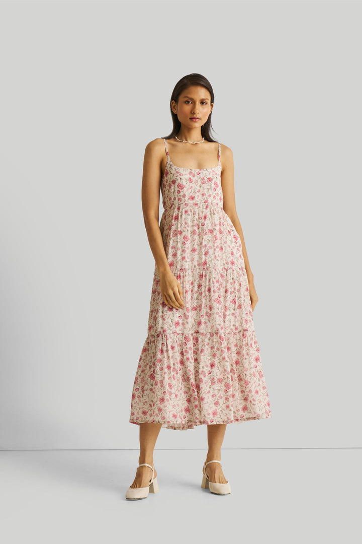 Strappy Tiered Maxi Dress - Pink Florals