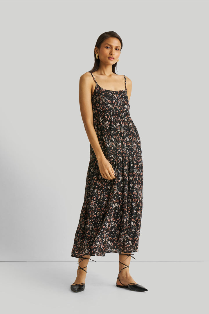 Strappy Tiered Maxi Dress - Black Florals