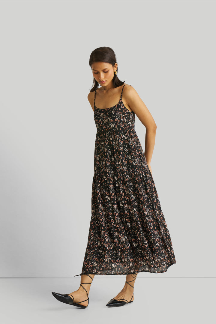 Strappy Tiered Maxi Dress - Black Florals