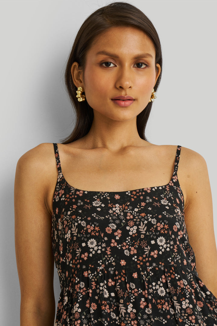 Strappy Tiered Maxi Dress - Black Florals