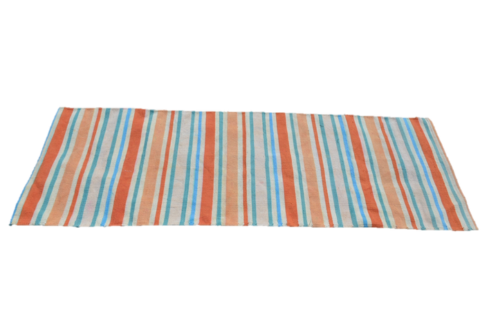 Handwoven cotton yoga rug with colorful stripes, perfect for meditation or as a chic decor piece, featuring eco-friendly materials.