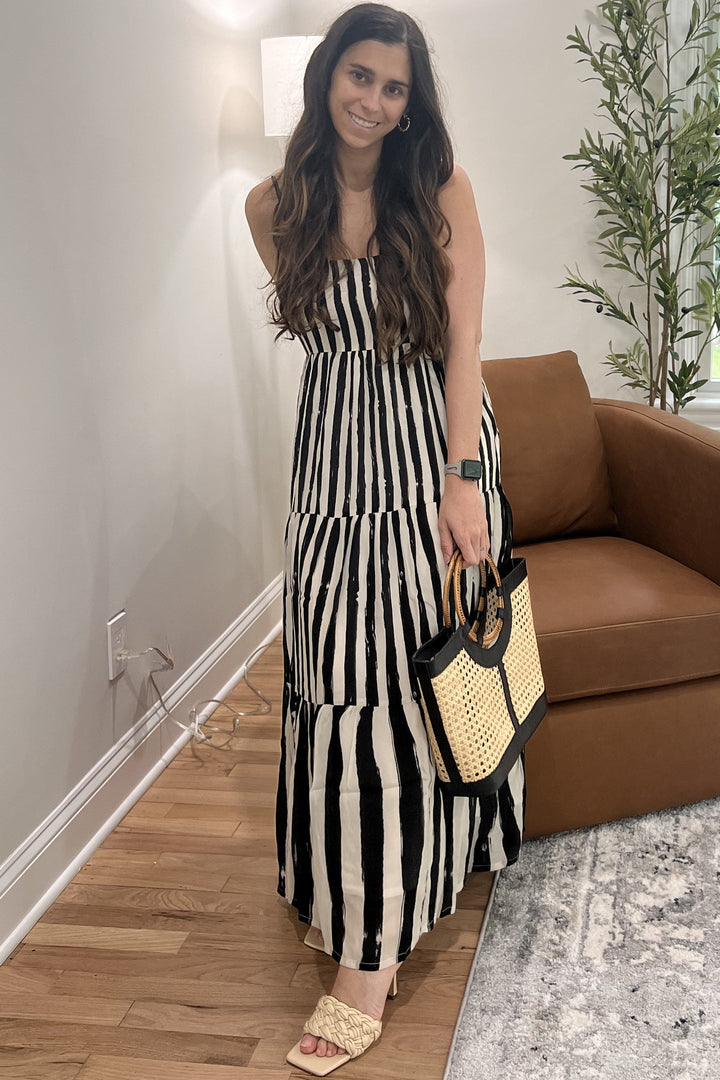 Strappy Tiered Maxi Dress - Black Stripes