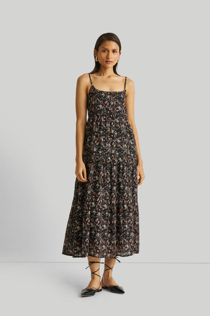 Strappy Tiered Maxi Dress - Black Florals