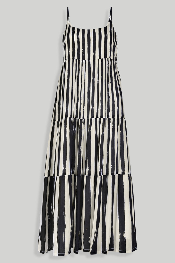 Strappy Tiered Maxi Dress - Black Stripes