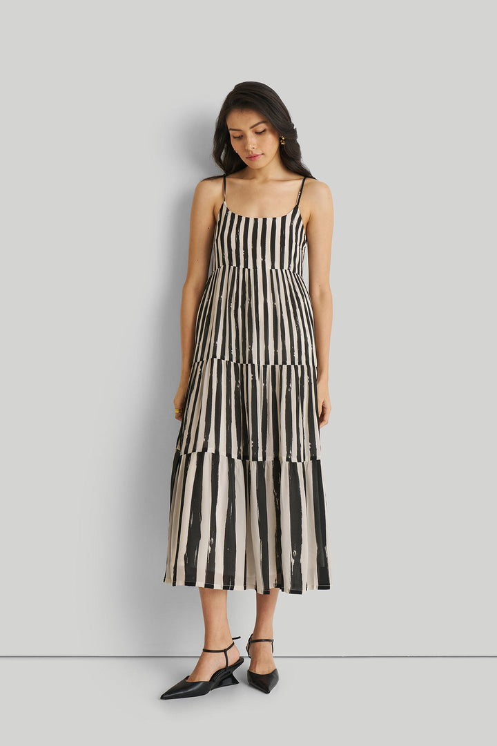 Strappy Tiered Maxi Dress - Black Stripes