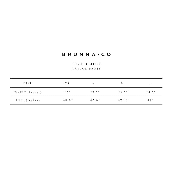 Brunna & Co size guide for Taylor wide-leg palazzo pants, showing waist and hips measurements for sizes XS to L.