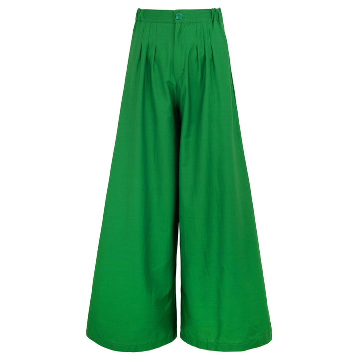 Green high-rise wide-leg palazzo pants handcrafted in Bali from breathable cotton, perfect for summer days.