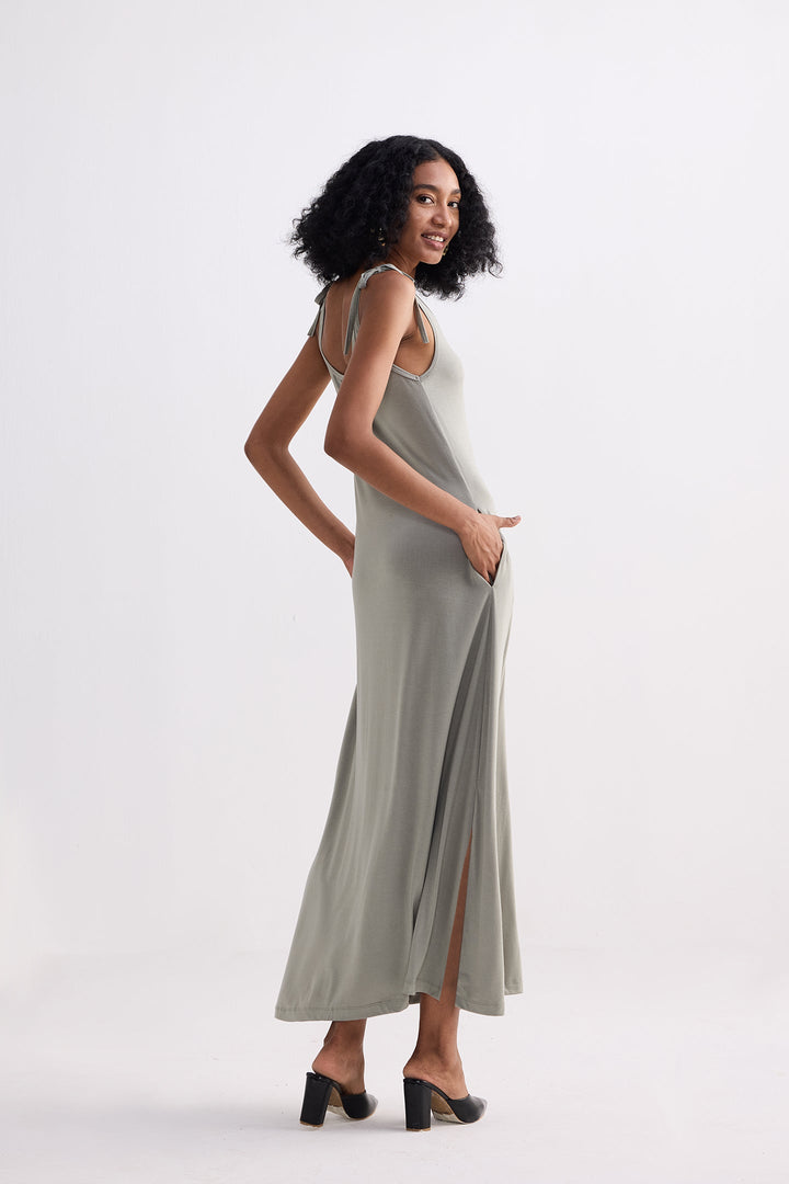 Tie-Detail Maxi Dress | Light Olive