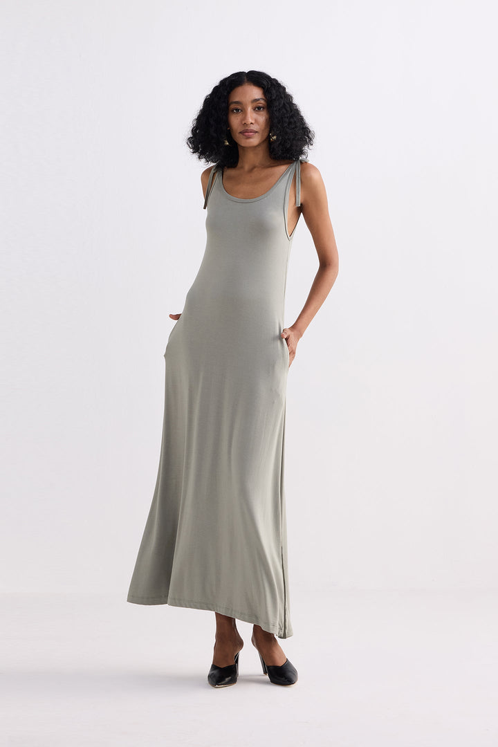 Tie-Detail Maxi Dress | Light Olive