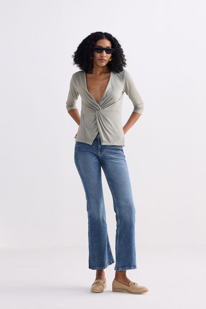 Twist Front Knit Shirt | Light Olive