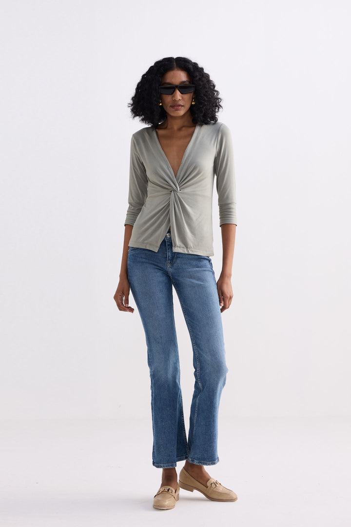 Twist Front Knit Shirt | Light Olive