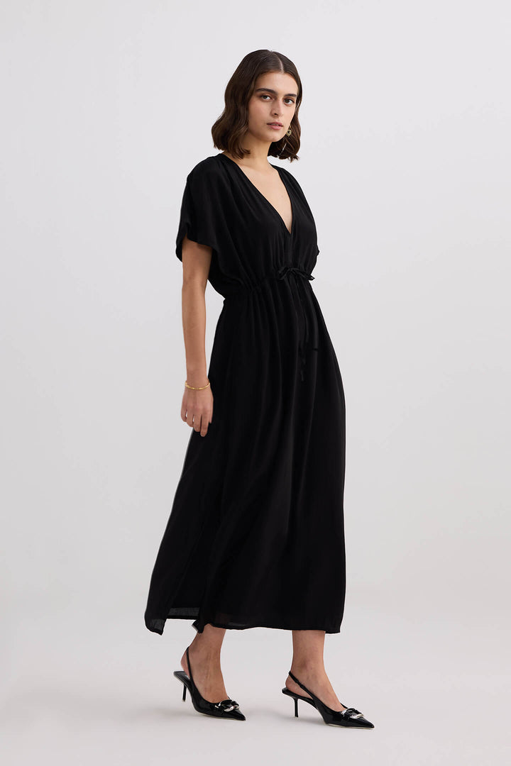 V-Neck Gathered Maxi Dress | Black