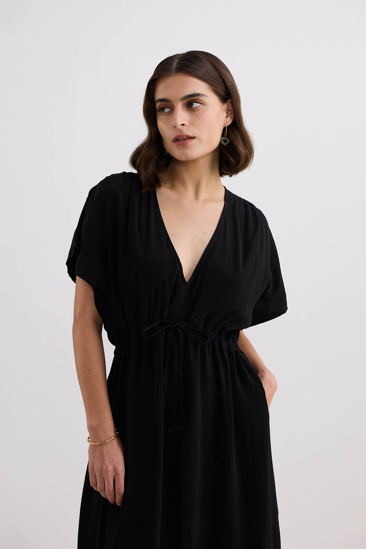 V-Neck Gathered Maxi Dress | Black