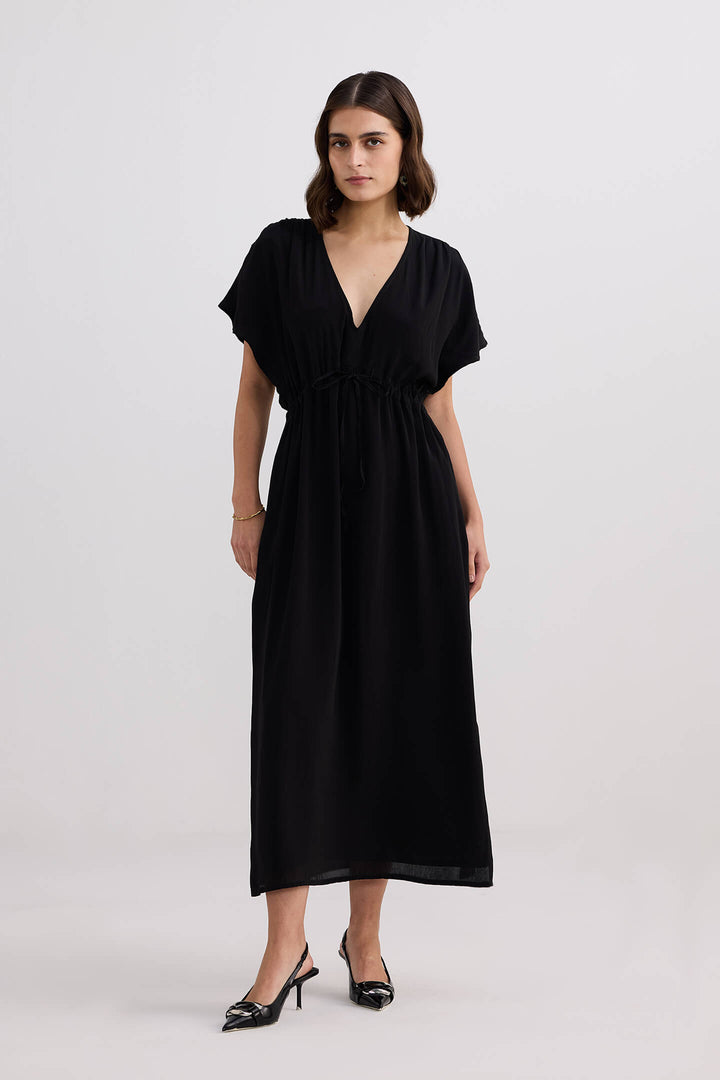 V-Neck Gathered Maxi Dress | Black