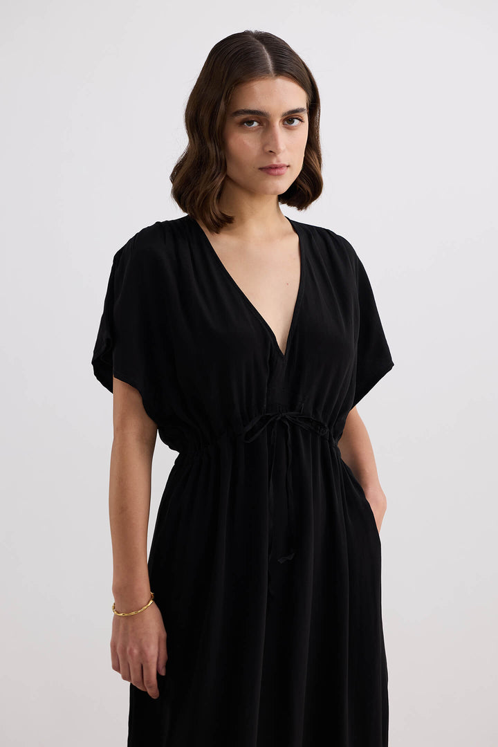 V-Neck Gathered Maxi Dress | Black