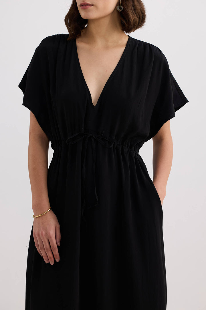 V-Neck Gathered Maxi Dress | Black