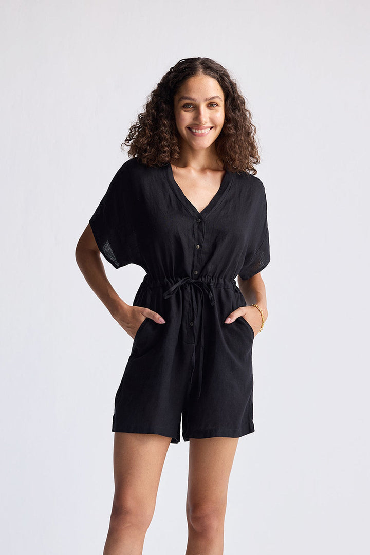 V-Neck Drawstring Romper | Black