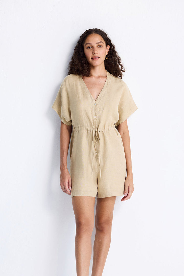 V-Neck Drawstring Romper | Neutral Beige