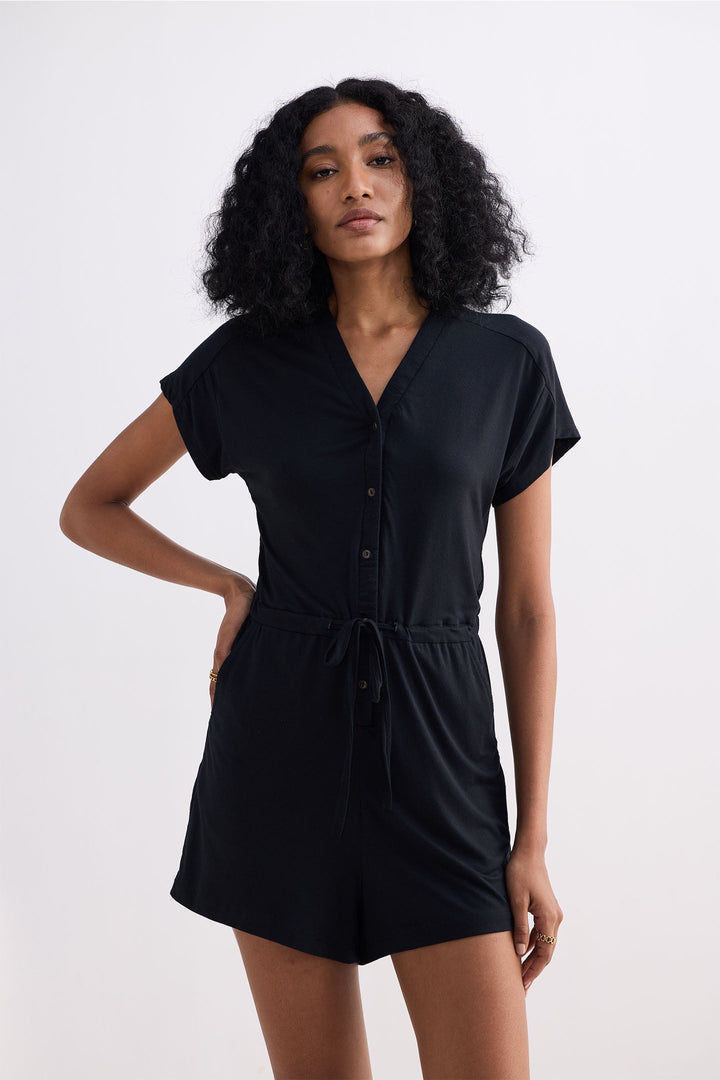 V-Neck Drawstring Knit Romper | Black