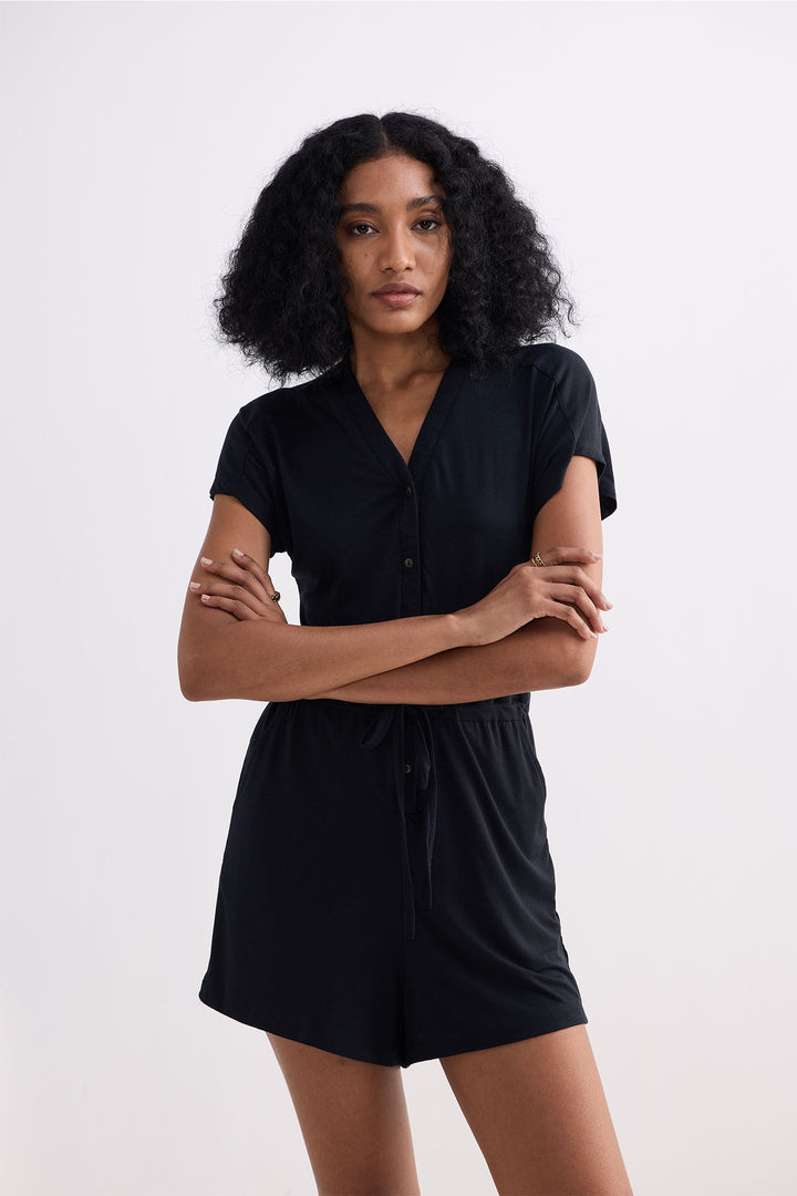 V-Neck Drawstring Knit Romper | Black