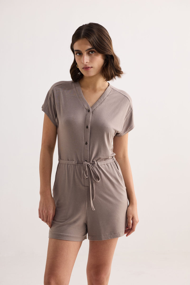 V-Neck Drawstring Knit Romper | Dusty Brown
