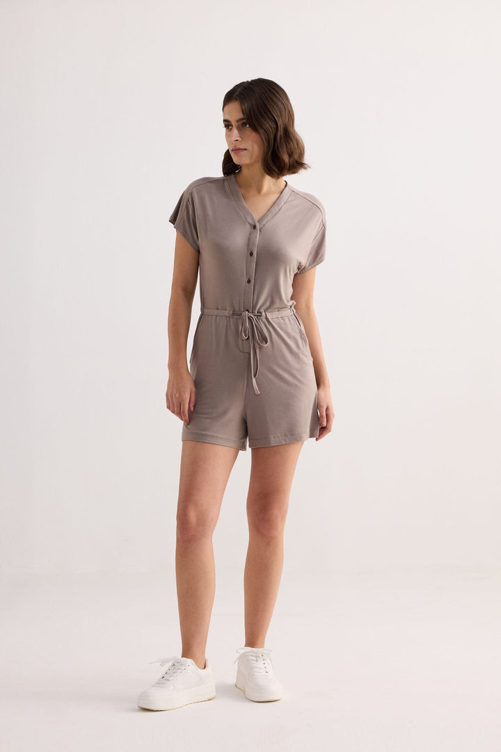 V-Neck Drawstring Knit Romper | Dusty Brown
