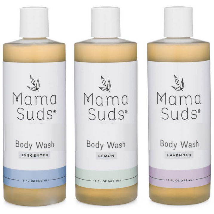 Three bottles of Mama Suds Plant Based Body Wash in unscented, lemon, and lavender varieties, 16 fl oz each.