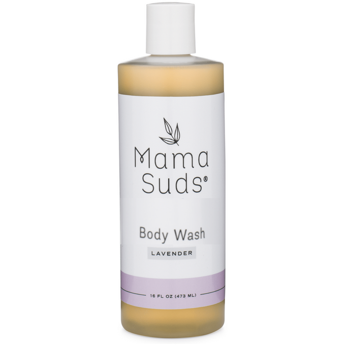 Lavender scented plant-based body wash bottle, 16 fl oz by Mama Suds, with saponified olive oil and pure essential oils.
