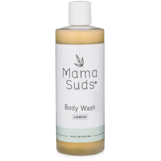 Plant based body wash bottle with lemon essential oil, 16 fl oz. Eco-friendly packaging. Ingredients include saponified olive oil.