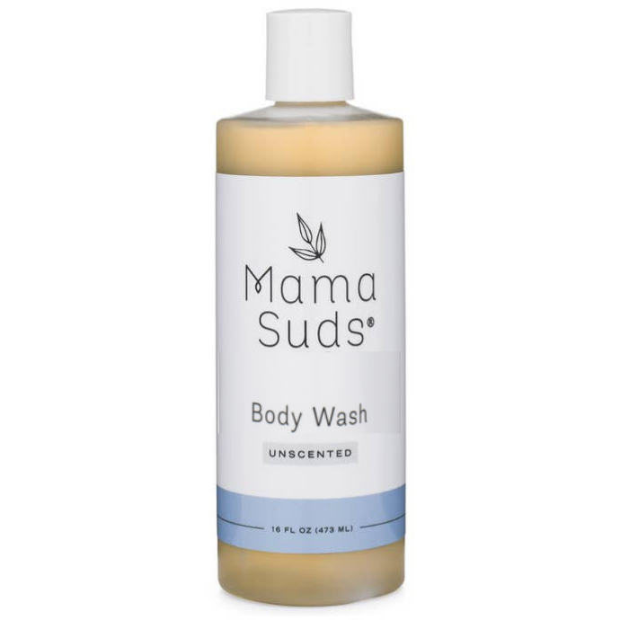 Plant Based Body Wash bottle by Mama Suds, unscented, 16 fl oz, featuring natural ingredients with optional lavender or lemon scent.