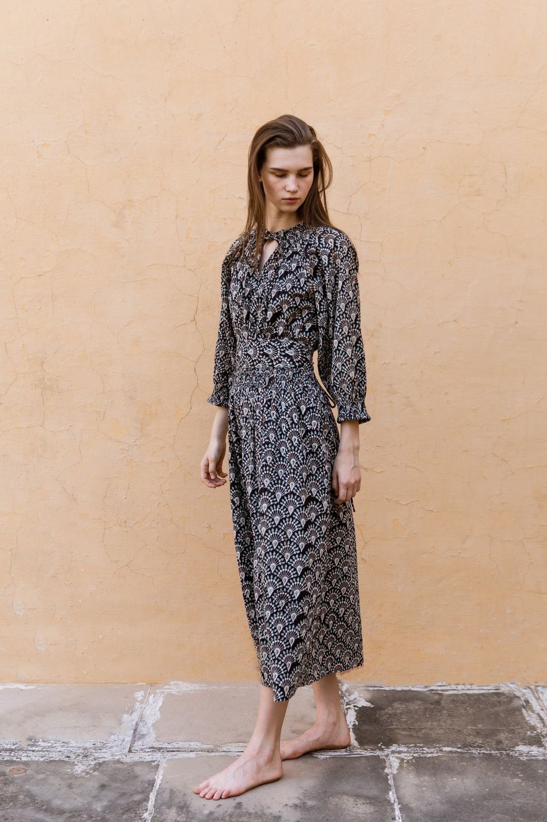 Cotton Lurex Maxi Dress Hand Printed