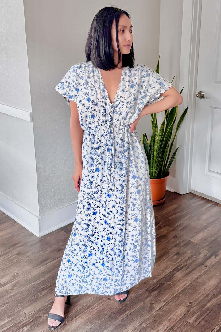 Gathered Maxi Dress - Blue Florals