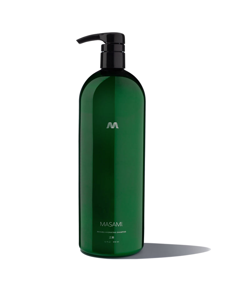 Mekabu Hydrating Shampoo salon size bottle, enriched with Japanese ocean botanicals for shine and hydration, by MASAMI.