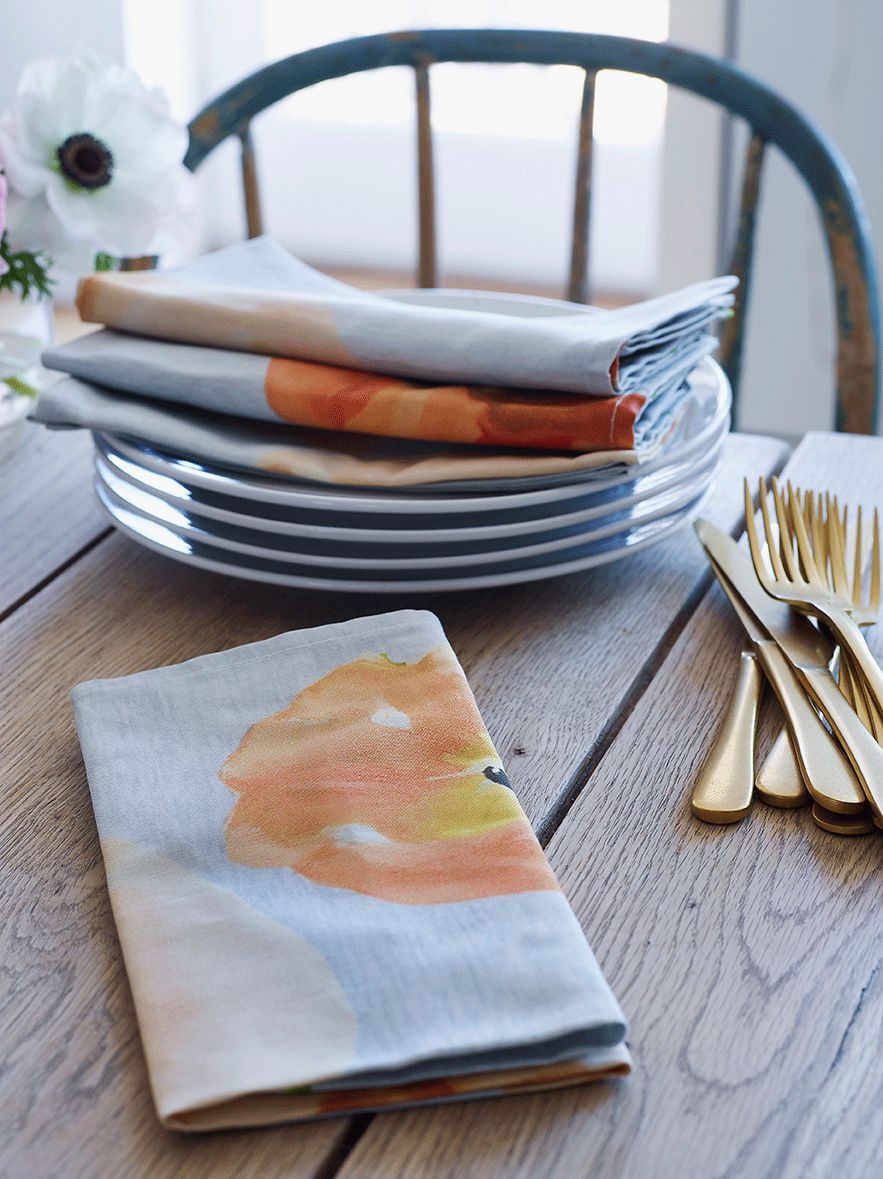 Napkin Set: Peach Poppies on Grey