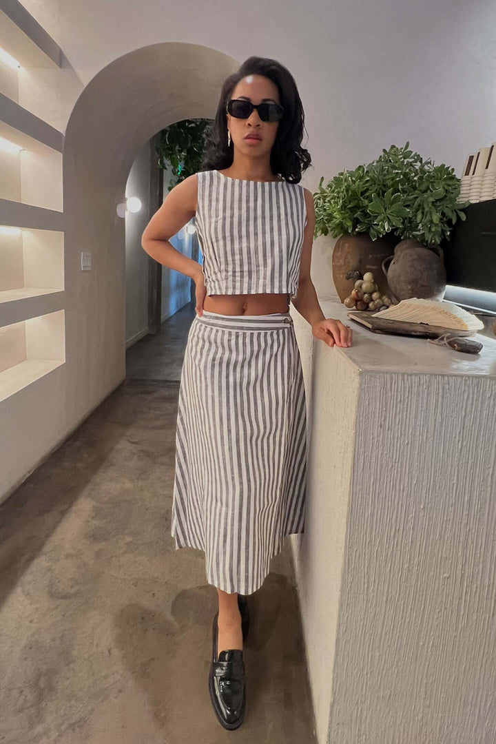Overlap Midi Skirt - Linen Stripes