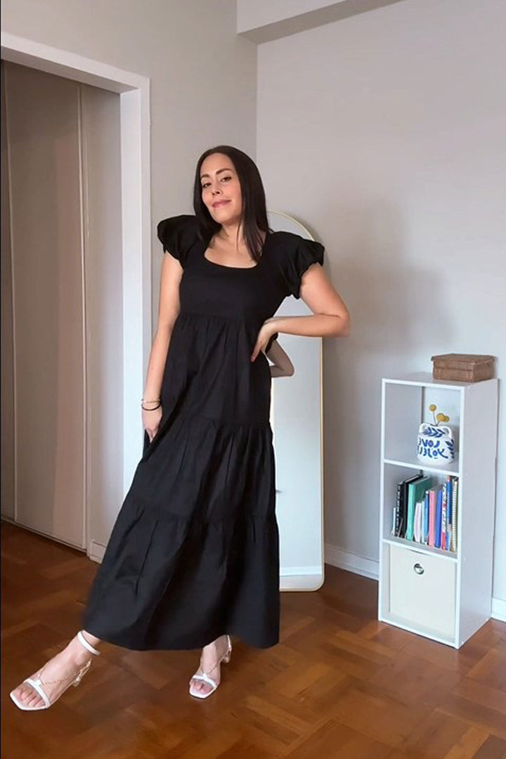 Puff Sleeve Tiered Maxi Dress - Black