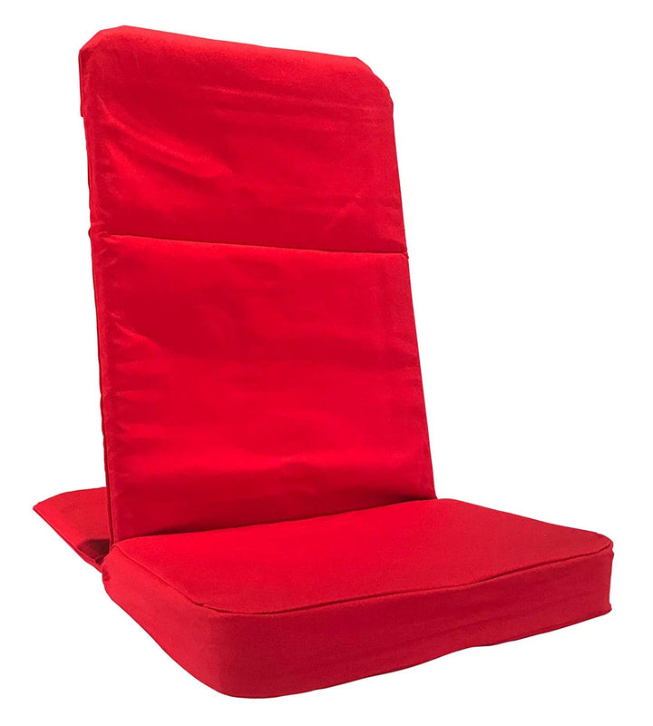 Red folding meditation chair with back support, perfect for floor seating, camping, or beachside relaxation.