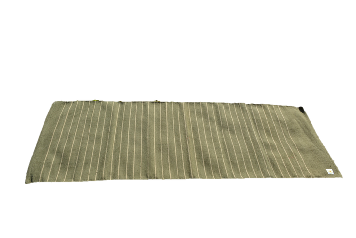 Handwoven cotton yoga meditation rug with stripes, eco-friendly and biodegradable, designed for Ashtanga yoga with finished edges.