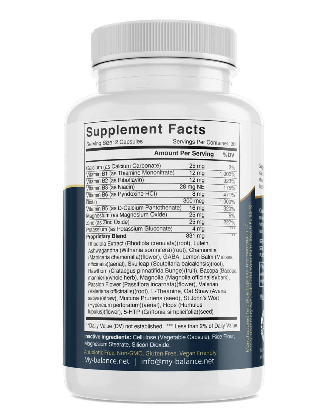 Back label of My Balance Stress Relief supplement bottle showing ingredient list and nutrition facts.