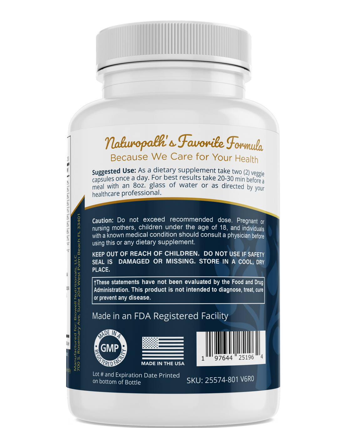 Back view of My Balance Stress Relief supplement bottle showing suggested use, caution, and product origin details.