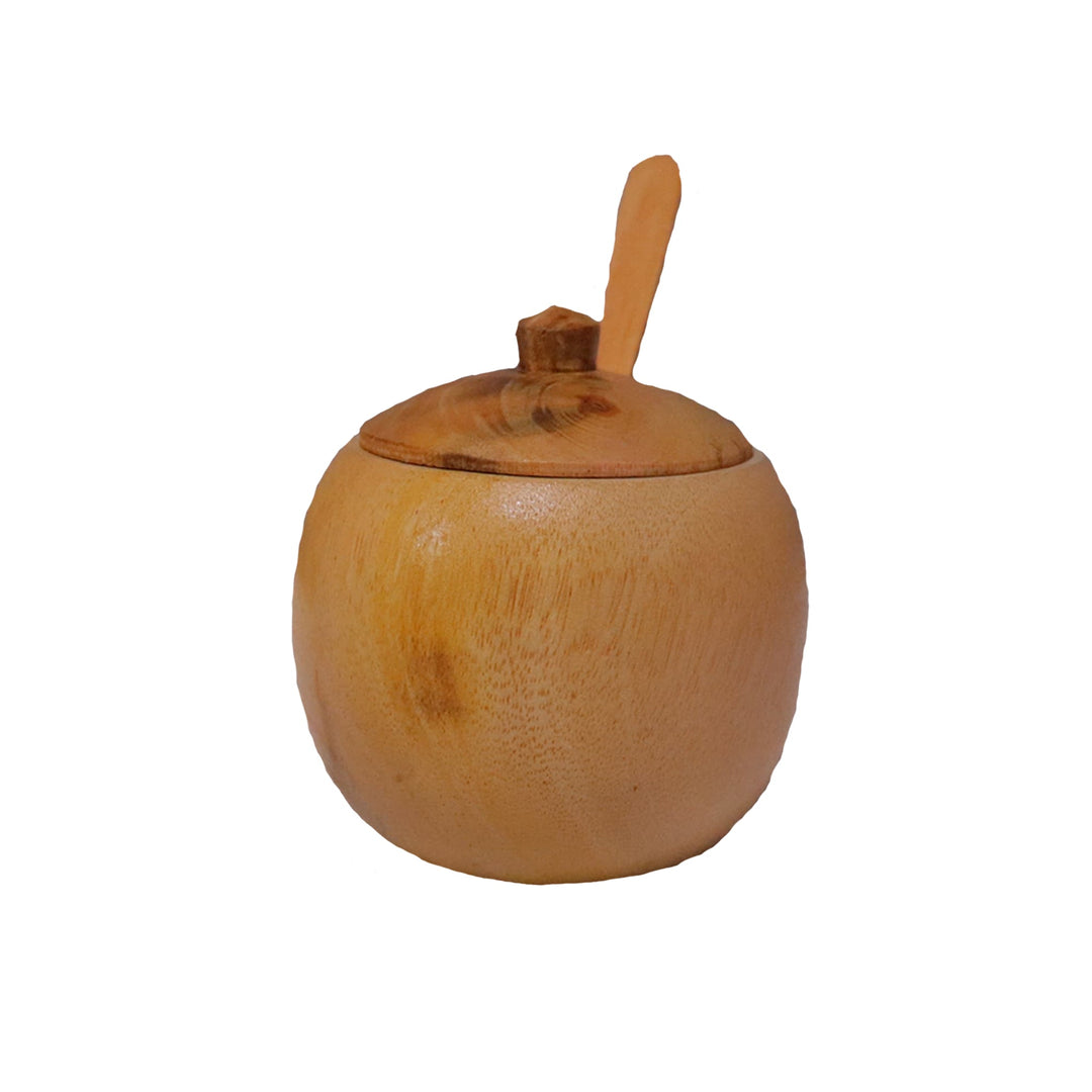 Small Teak Wood Seasoning Bowl with Spoon, Handturned Wooden Spice Jar