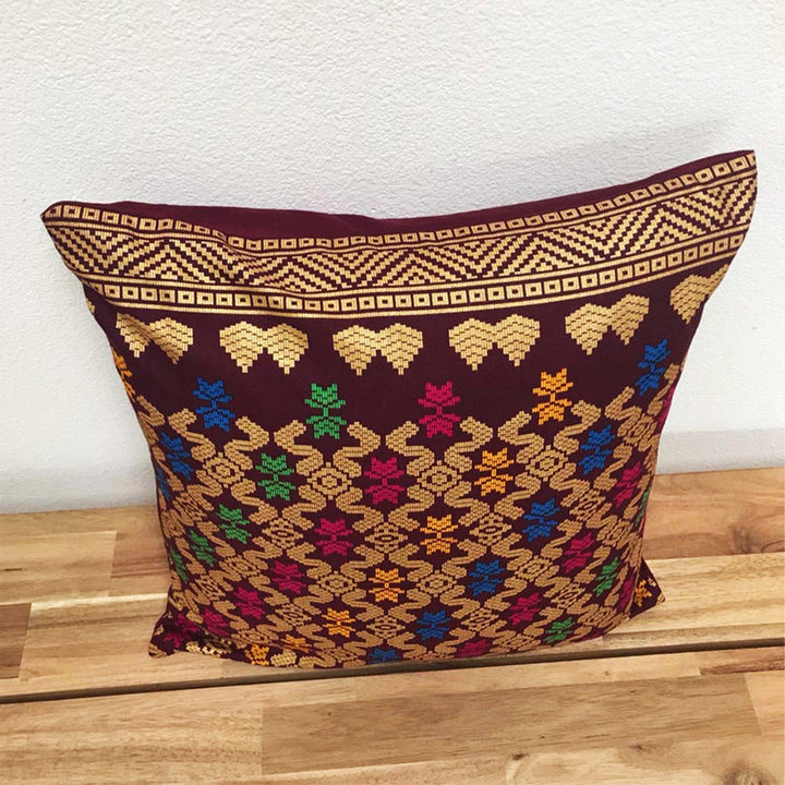 Handwoven Ikat Pillow Cover, Burgundy Red and Gold. Cover Only with No Insert. 16x16 inches, Cushion
