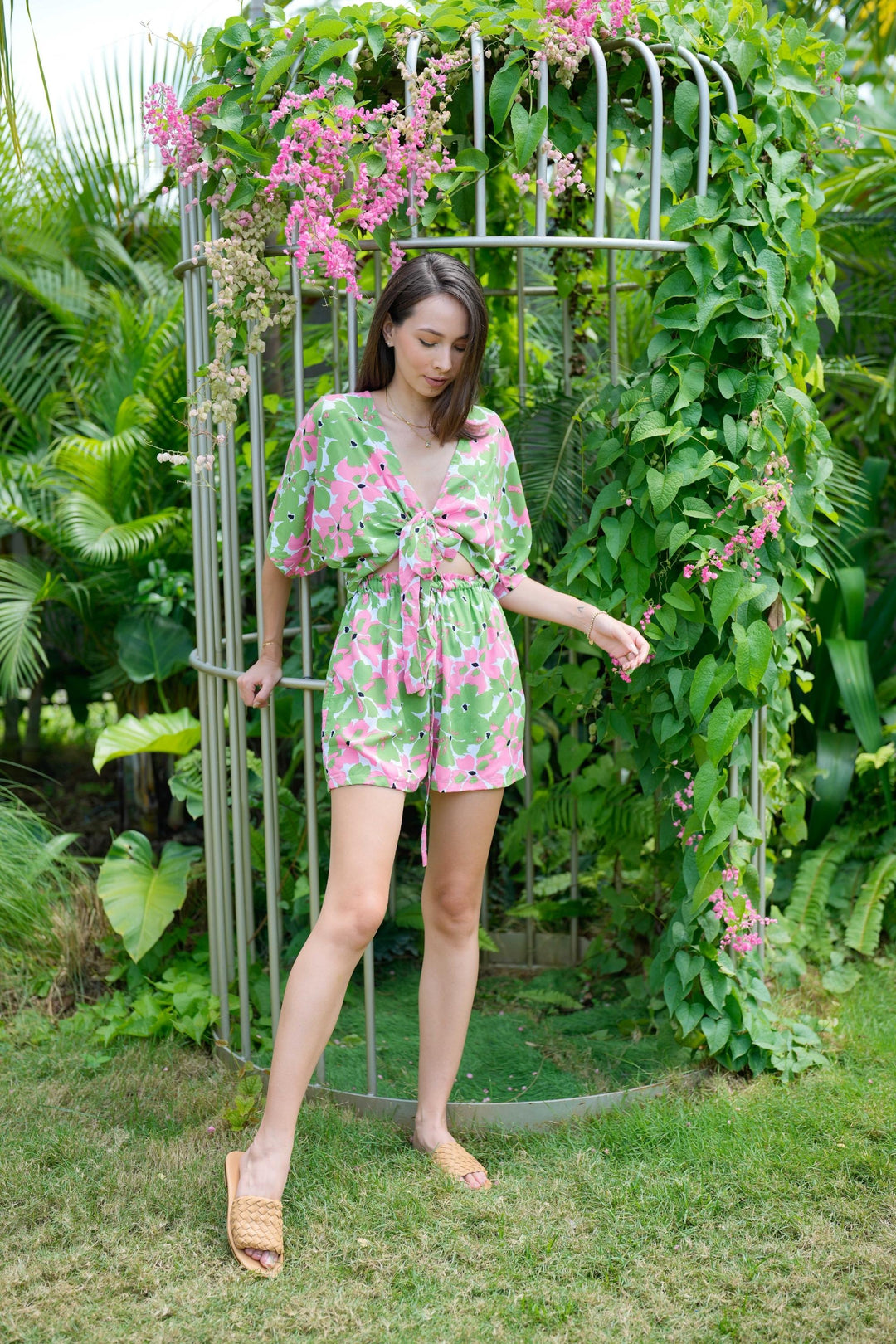 Aubrey Floral Wrap Top and Shorts Travel Matching Set in Pink Garden